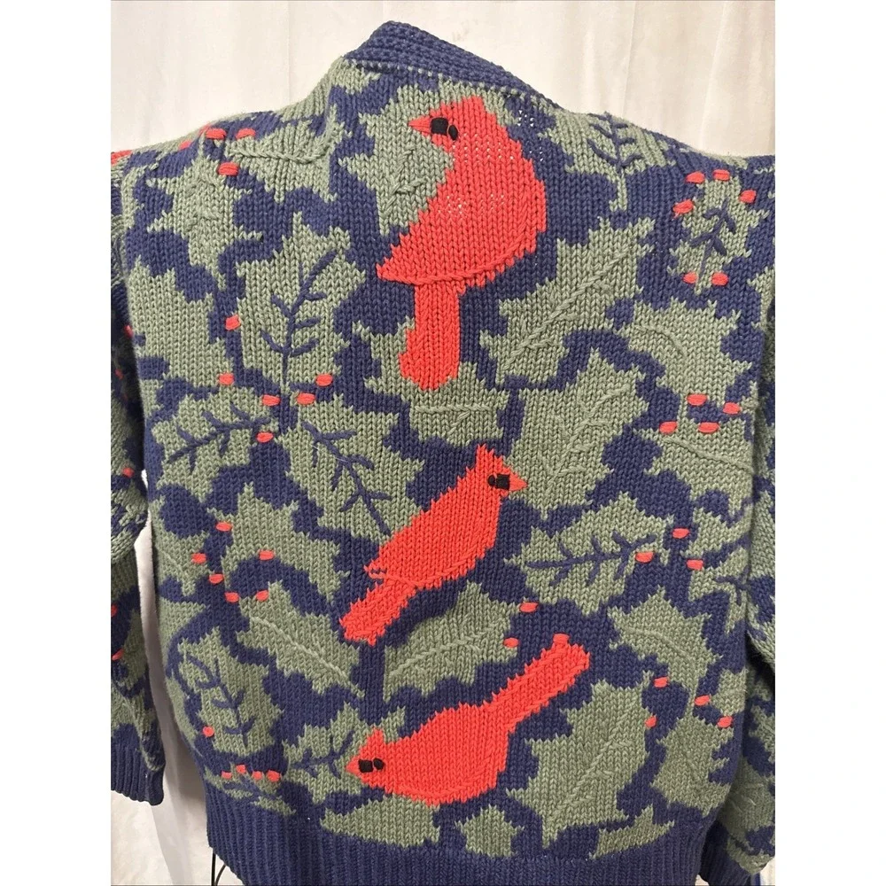 Vintage ORVIS Cardinal Cardigan Ramie Knit Christmas Sweater Blue Red Green M - Picture 13 of 13